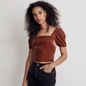 Madewell Hopewell Puff-Sleeve Crop Top in Silk-Blend Velvet
